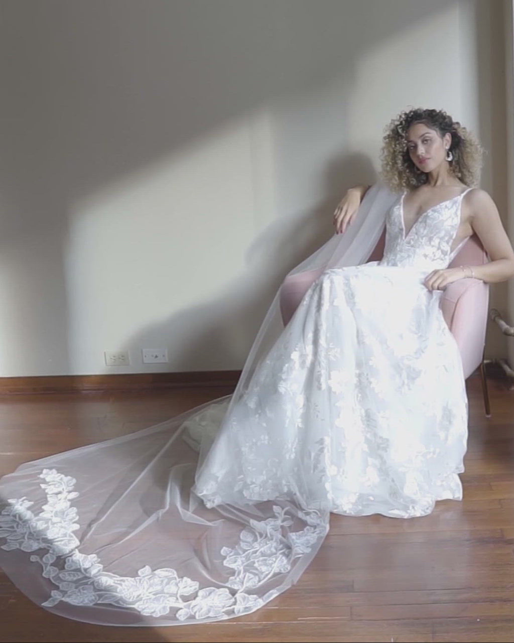 A video of the Camellia Luxe Lace Veil in cathedral length.