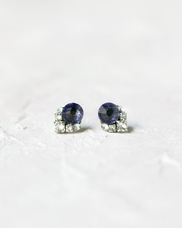 A closeup view of the Celestial Crystal Cluster Earrings in petite size, shown in silver with tanzanite crystal centers.