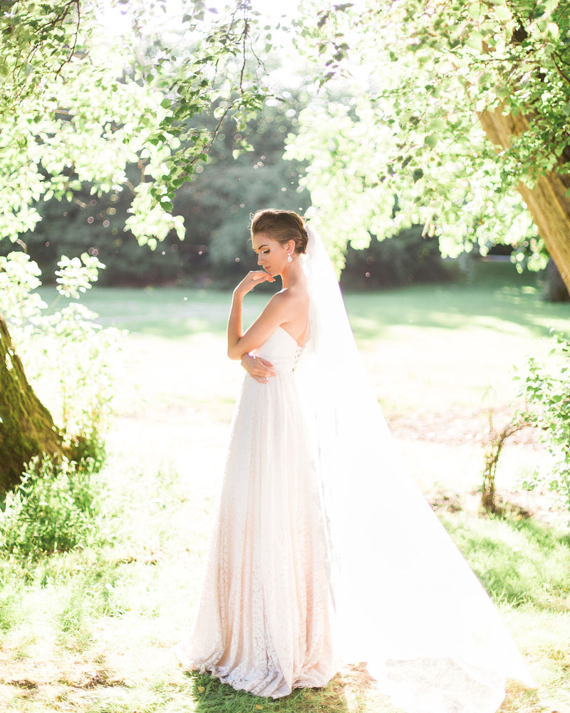 A bride is surrounded by sunlight and wears a chapel length veil with an Alencon lace edge.