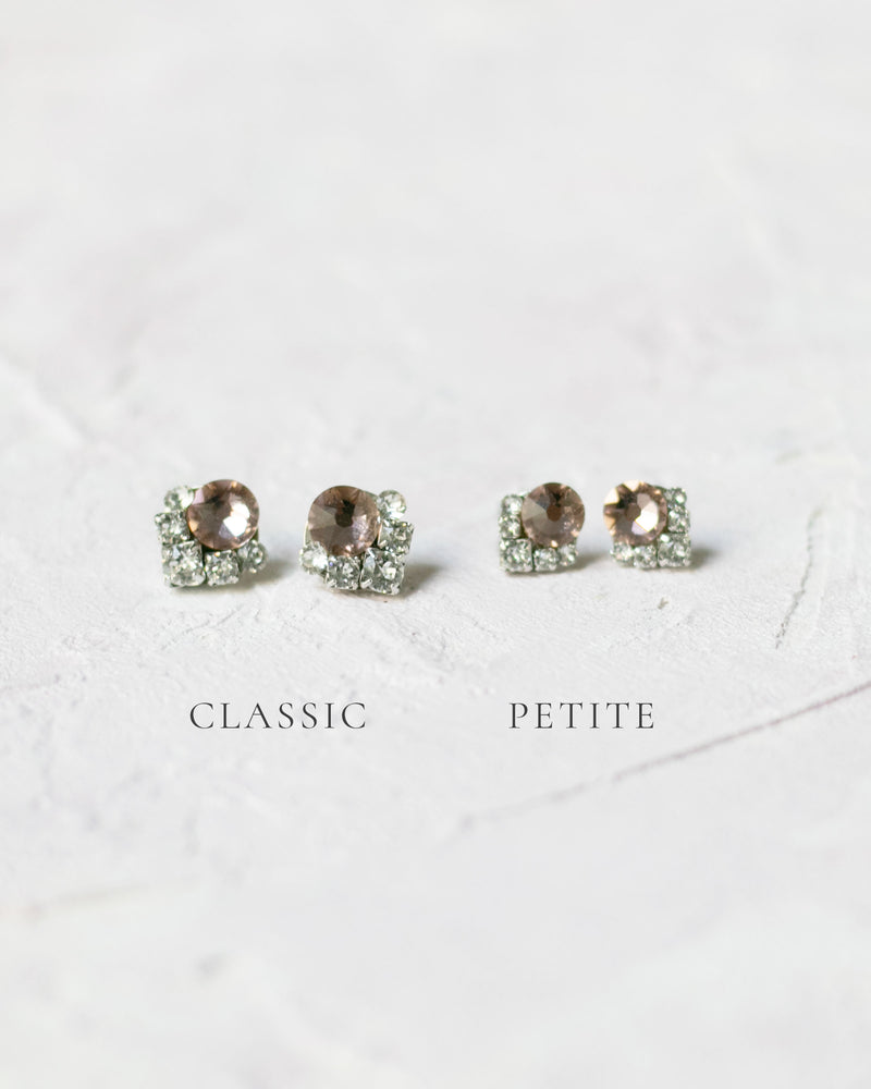 A side by side view of the two sizes available for our stud earrings; classic 8mm (on the left) or petite 6mm.