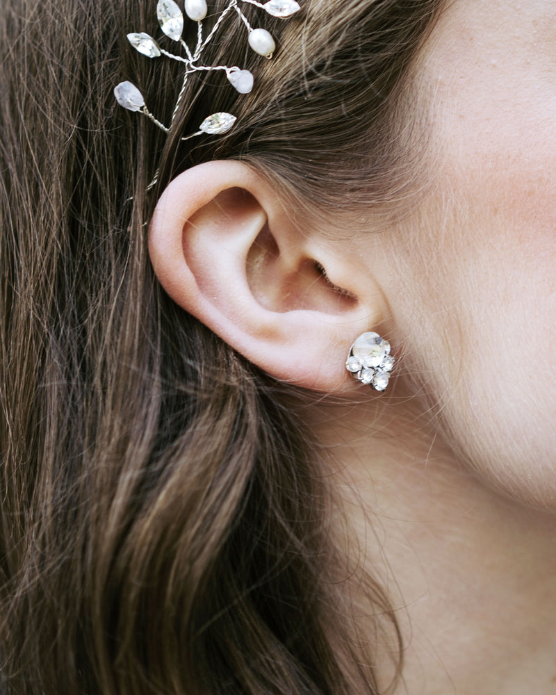 close up of model wearing Celestial Crystal Stud Bridal Earrings