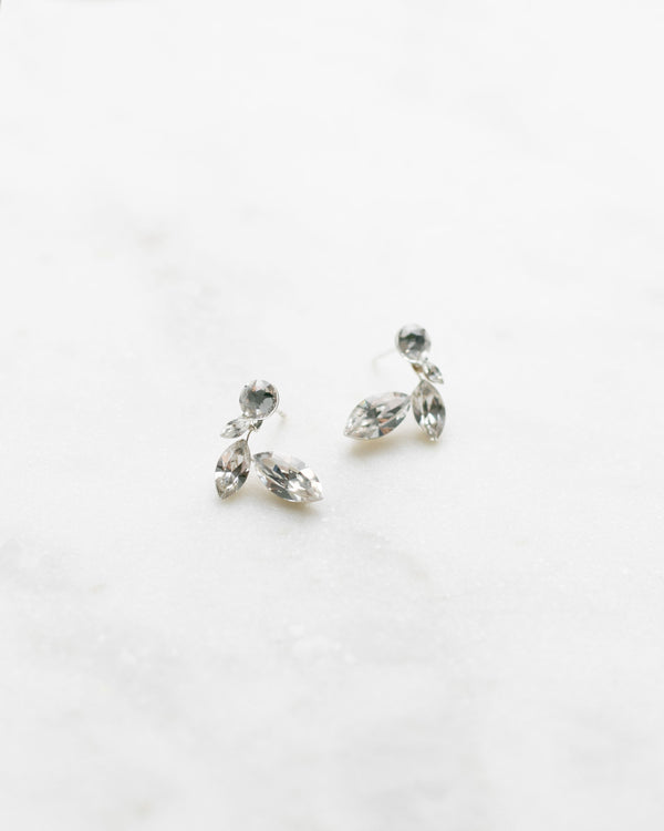 A close product view of the Crystal Leaf Earrings in silver.