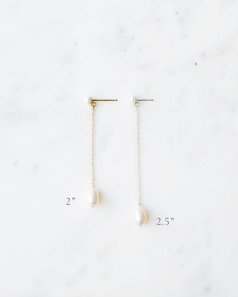 Length comparison of the 2" and 2.5" Teardrop Pearl Long Bridal Earrings.