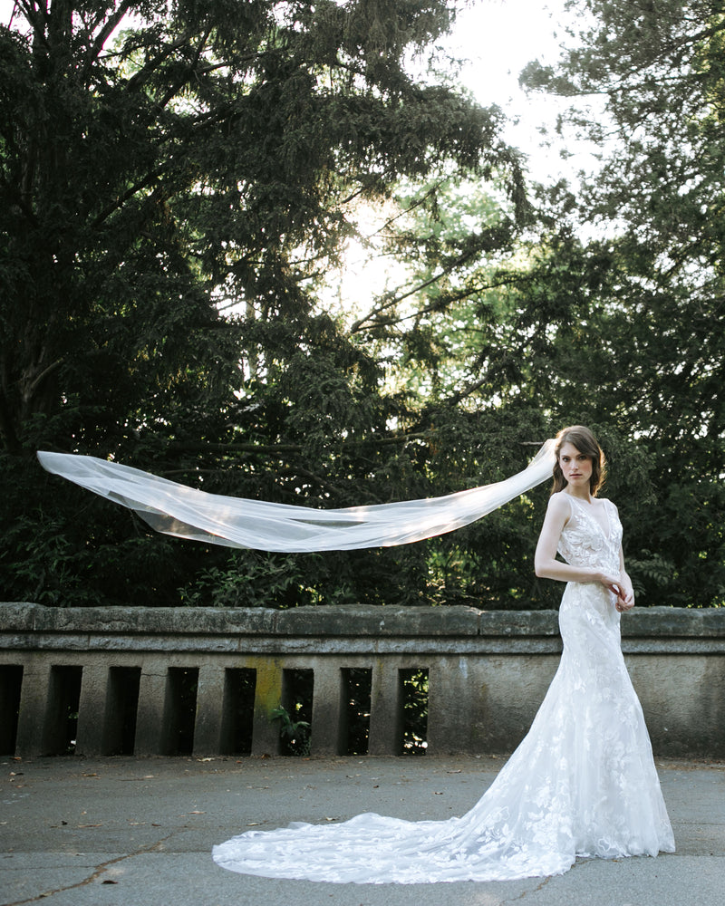 model wearing lily chapel length bridal veil