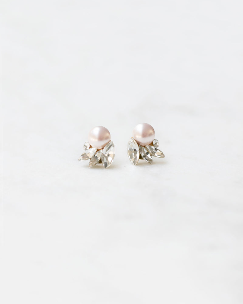 Close product view of the Starlight Pearl & Crystal Bridal Earrings in gold with blush pearls.