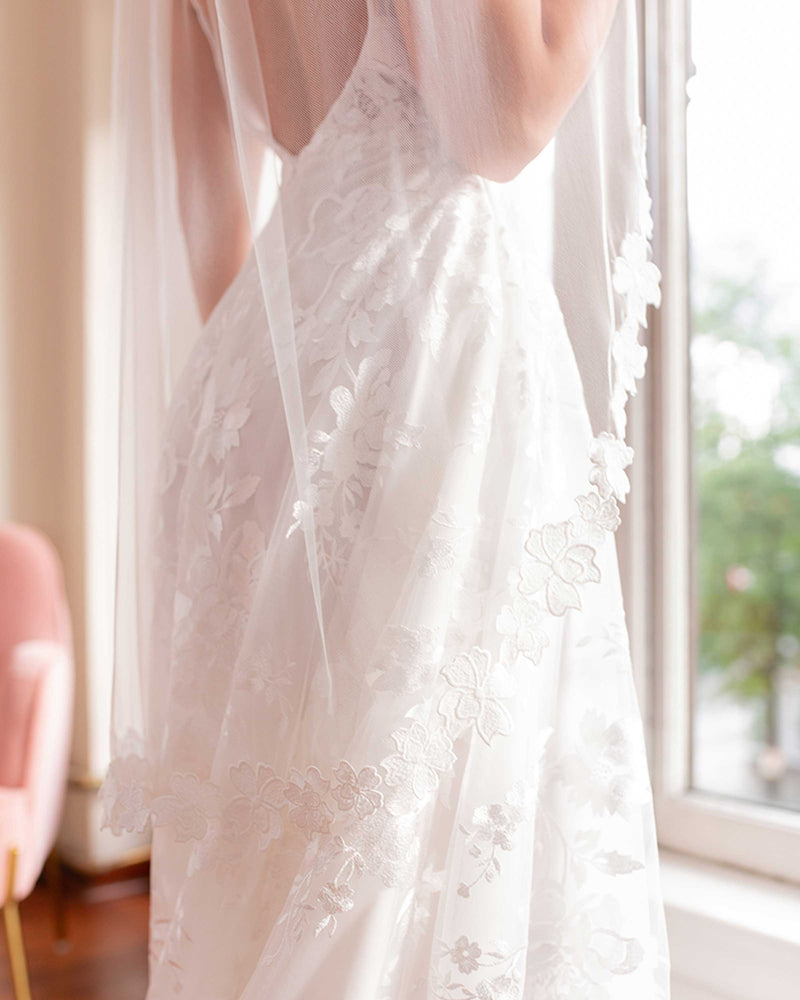 A close view of the lace on the Wildflower Floral Lace Veil.